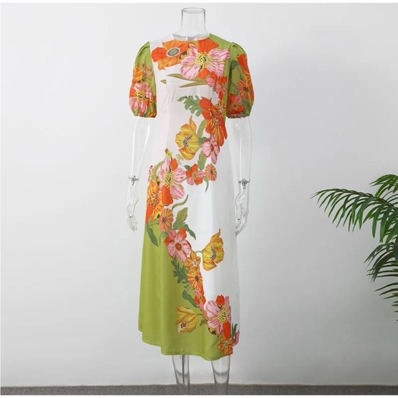 Floral Short Sleeve Tropical Silas  Puff Sleeve Crew Neck Midi Dress L - Picture 2 of 13